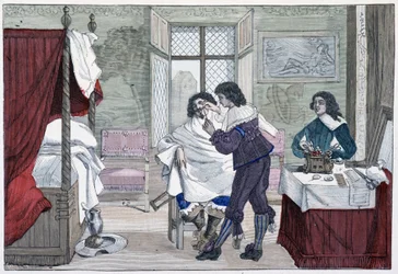 Interior de la casa de un barbero en el siglo XVII - en “París a través de los siglos”
