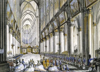 Vista interna de Notre-Dame de París, a la llegada de María Antonieta (1755-1793), Reina de Francia, para asistir a la famosa misa por el nacimiento de su hijo, el futuro Luis XVII (1785-1795). Grabado del siglo XVIII