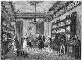 Vista interior de la cafetería "Compagnie du Moka-Zanzibar", ubicada en París en el 47, rue Vivienne. Grabado en "Le Monde Illustré" n°808 del 5 de octubre