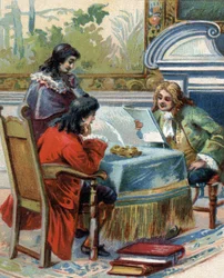 Entrevista de Gottfried Wilhelm Leibniz (1646-1716), filósofo alemán con Jacques-Bénigne (Jacques Benigne) Bossuet (1627-1704), teólogo y escritor francés. cromolitografía.