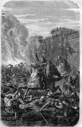 Invasión y saqueo de Roma por Alarico I, Rey de los Visigodos en 410. Grabado en “Histoire des Papes-Rois-Queen and Empereurs a travers les siècles” por Maurice Lachatre