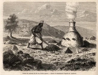 Fundición de mineral de hierro en Fouta Djalon, Senegal, dibujo de Hadamard, para ilustrar el viaje del teniente Lambert a Fouta Djalon en 1860. Grabado en "Le tour du monde" 1861. Colección Selva.