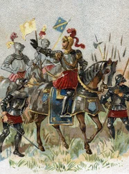 Guerras italianas: Luis XII (1462-1515), Rey de Francia, en la Batalla de Agnadello (Milán) en Italia el 14 de mayo de 1509. Cromolitografía.