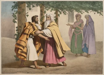 Jacob con Labán y sus hijas, ilustración de un catecismo L