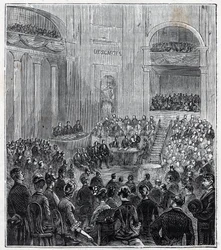 Jacques Babinet (1794 - 1872), físico y astrónomo francés en la reunión solemne de las cinco Academias en 1840 - Grabado en “Ciencias al alcance de todos - física y química” por Alexis Clerc - Finales del siglo XIX. Colección privada.