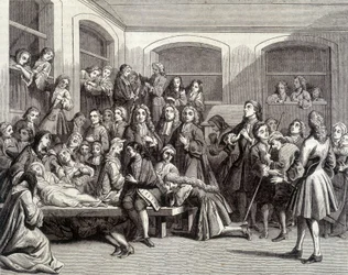 Jansenismo: los convulsionarios del cementerio Saint-Médard en la tumba del diácono París (1690-1727) donde ocurrieron “milagros”. Impresión del siglo XVIII