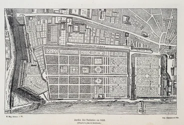 Jardín de las Tullerías en 1652 (según el plan de Gomboust) - en “París a través de los siglos”, por H. Gourdon de Genouillac, ed. F. Roy, París