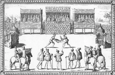 El golpe de Jarnac: Duelo de Guy Chabot de Jarnac y François de Vivonne de la Chataignerie ante la Corte de Saint-Germain-en-Laye.