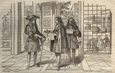 Jean Baptiste Colbert (1619-1683) en una reunión con el Rey Luis XIV y François Louvois (1641-1691) en Versalles - grabado después de Leclerc