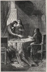 Jean Chapelain (1595-1674) poeta y crítico literario francés y Pierre Costar (1603-1660) entregaron a Jean Baptiste Colbert (1619-1683) una lista de escritores que merecen ser pensionados por el rey - grabado en “Les Hommes Célèbres de la France” por Louis
