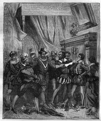Jean Chastel (Jean Chatel) (1575-1594) después del intento de asesinar al rey Enrique IV de Francia el 27 de diciembre de 1594. Grabado del siglo XIX.