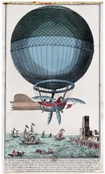 Jean Pierre Blanchard (1753 - 1809) y John Jefferies (1745 - 1819) llegando a Calais después de cruzar el Canal de la Mancha en un globo aerostático el 7 de enero