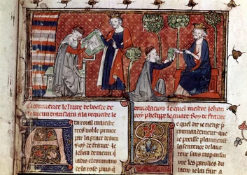 Jean de Meung, escribiendo y entregando a Felipe IV, rey de Francia, ... (manuscrito)