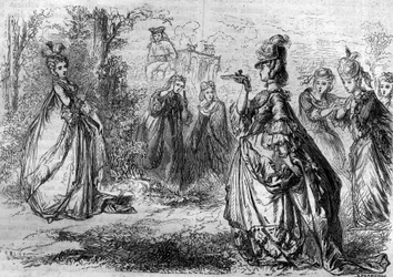 Jeanne Becu, Condesa (o Madame) du Barry (1743-1793) favorita de Luis XV en el Pabellón de Lucienne. Grabado en “Historia de los papas-reyes-reinas y emperadores a través de los siglos” por Maurice Lachatre
