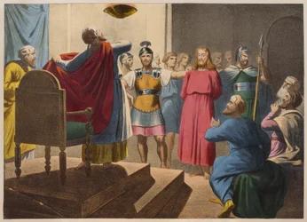 Jesucristo ante Caifás, ilustración de un catecismo L
