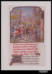 Juan de Gante siendo recibido por los ciudadanos de Bayona en las puertas de la ciudad, de la Crónica de Froissart, finales del siglo XV