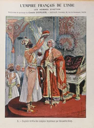 Joseph François Dupleix (1697-1763) recibe las insignias imperiales de un gobernante indio, portada de cuaderno escolar c.1900