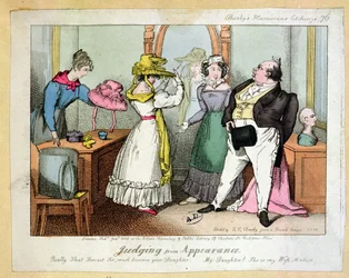 Juzgando por la apariencia, número 76 de Busbys Humourous Etchings, grabado por Thomas Busby (fl.1804-21) 1828