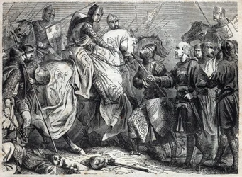 El rey Alfonso V el Magnánimo (v. 1396-1458), rey de Aragón, conquista el reino de Nápoles. Grabado en “Historia de los Papas (...) Crímenes de los Reyes y Emperadores a través de los siglos” de Maurice Lachatre.