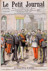 El Rey Alfonso XIII de España presentando su corte al Presidente Emile Loubet de Francia en el Palacio Real de Madrid. En el Palacio Real de Madrid. El Rey de España Alfonso XIII presentando a los dignatarios de la Corte al Presidente de la República Loube