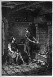 El rey Alfredo el Grande (849-899) olvida los pasteles preparados por la casa danesa bajo su techo en Athelney, y los quema, 878 (grabado)
