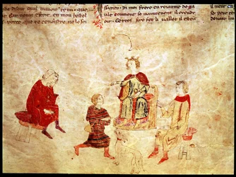 El rey Arturo en su trono rodeado de sus consejeros, del Roman de Meliadus