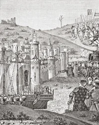 El rey Carlos VII, al abandonar Ruán, se dispone a sitiar la ciudad de Harfleur, según una miniatura del manuscrito del siglo XV Chroniques de Monstrelet, de Science and Literature in The Middle Ages de Paul Lacroix pub. Londres 1878