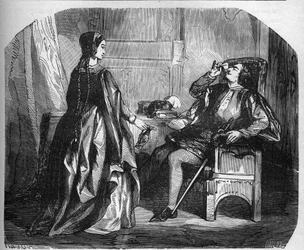 El rey Carlos VI de Francia, conocido como Carlos el Bienamado, luego Carlos el Loco (1368-1422) con su amante Odinette (Odette) de Champdivers. Grabado en “La historia de la prostitución y la depravación entre todos los pueblos del mundo desde la an...