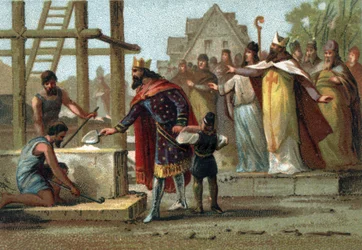 El rey Dagoberto I (600-639) supervisando la construcción de la Catedral de Saint Denis.