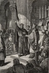 El rey Luis VII (1120-1180) toma el oriflama en la Basílica de Saint Denis en presencia de la reina Alienor de Aquitania y recibe el zumbido y la panetière del peregrino de las manos del Papa Eugenio III antes de su partida