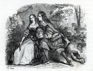 Rey Luis XIV (1638-1715) y su amante Louise de La Valliere (1644-1710) - (grabado) 1846