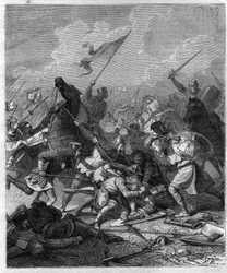 Rey Otón I de Germania, llamado el Grande (912-973) sorprendido por los rebeldes en Roma. Grabado en “Histoire des Papes-Rois-Queen and Empereurs a travers les centuries” por Maurice Lachatre