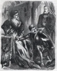 El Rey Felipe II (1527-1598) sorprende a su hijo, el Príncipe Don Carlos (1545-1568), intentando violar a su madrastra, la Reina Isabel (1545-1568) (Isabel de Francia o Isabel de Valois), el 17 de enero