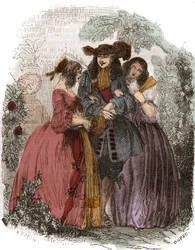 Rey de Francia Luis XIV (1638-1715) con Hortensia Mancini (1646-1699) y su hermana María Mancini (1639-1715). Sobrinas de Mazarino. Grabado del siglo XIX.