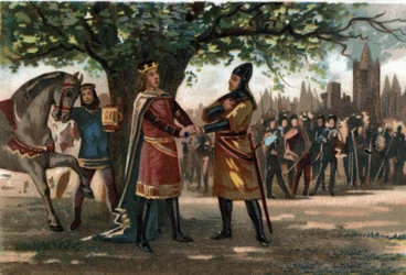 El Rey de Francia Felipe Augusto (1165-1223) se reunió con el Rey Ricardo Corazón de León en Saint Denis durante la captura del Oriflama. Cromolitografía alrededor de 1890