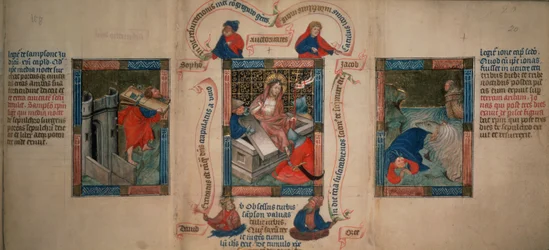 Reyes 5 f.20 La Resurrección, Sansón derribando las puertas de Gaza, Jonás escapando de la ballena, de la Biblia Pauperum, principios del siglo XV (vitela)