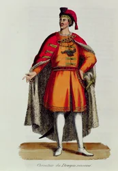 Caballero de la Orden Húngara del Dragón Volcado, ilustración de Histoire et Costumes des Ordres Monastiques por Pierre Helyot (1660-1716), 1842