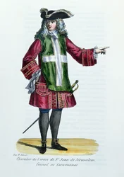 Caballero de la Orden de San Juan de Jerusalén, ilustración de Historia y Trajes de Órdenes Monásticas por el Padre Helyot, 1842