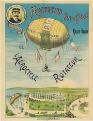 El Aerociclo Rotador, cartel publicitario para la bicicleta de globo aerostático, c.1890