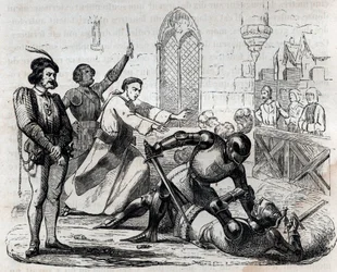 El caso Carrouges 29 de diciembre de 1386 - último duelo judicial - Duelo entre Jacques le Gris (1330-1386) y Jean de Carrouges - grabado en 
