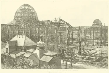 La Exposición Universal de 1889, Las Estructuras de los Palacios de Bellas Artes y Artes Liberales, en el Campo de Marte, Según la fotografía de M Godefroy (grabado)