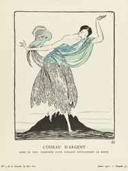 El Pájaro de Plata. Vestido de noche, consistente en un pañuelo enrollado alrededor del busto de La Gazette du Bon Ton, pub. 1914 (Impresión en plantilla)