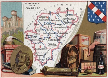La Charente, Poitou-Charentes, Francia. Retrato de Honoré de Balzac (1799-1850), escritor francés. Especialidad local: brandy, azafrán, papel, sábanas, aceite, brandy. Serie sobre los Departamentos Franceses. Cromolitografía