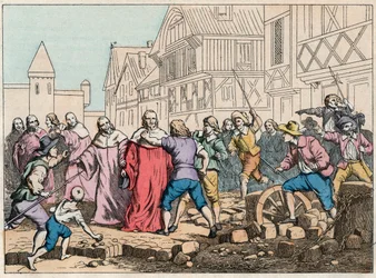La Fronda (27 de agosto de 1648) - barricadas en París: un niño rotor amenazando al Presidente del Parlamento, Mathieu Mole (1584-1656) - Presidente Mole maltratado por insurgentes - Grabado de finales del siglo XIX en “Nos Gires Nationales - Imágenes y re