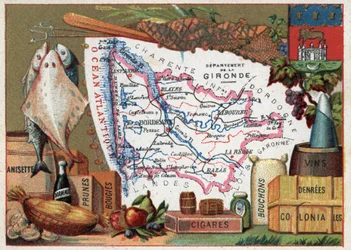 La Gironde (33), Aquitania, Francia. Especialidad local: pescado, anisette, vino de Burdeos, ciruelas, velas, cigarros, corchos y comida colonial. Serie sobre los Departamentos Franceses. Cromolitografía “el hilo geográfico”, circa 1920. Colección privada.
