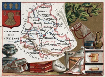 La Haute Vienne, Limousin, Francia. Estaño, plomo, papel de castaño, hoja, trébol y pañuelos. Serie sobre los Departamentos Franceses. Cromolitografía, circa 1920. Colección privada.
