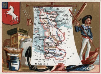 La Mancha (50), Baja Normandía, Francia. Especialidad local: melocotón y ostras, sidra y papel. Serie sobre los Departamentos Franceses. Cromolitografía "el hilo geográfico", circa 1920. Colección privada