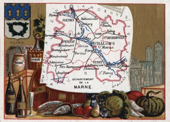 La Marne (51) en Champagne Ardenne, Francia. Especialidades locales: champán y la Catedral de Reims. Serie sobre los Departamentos Franceses. Cromolitografía “el hilo geográfico”, circa 1920. Colección privada.