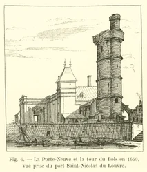 La Porte-Neuve y la torre del Bosque en 1650, vista desde el puerto Saint-Nicolas del Louvre