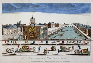 La Samaritaine (bomba de agua) en el Pont Neuf de París - vista óptica